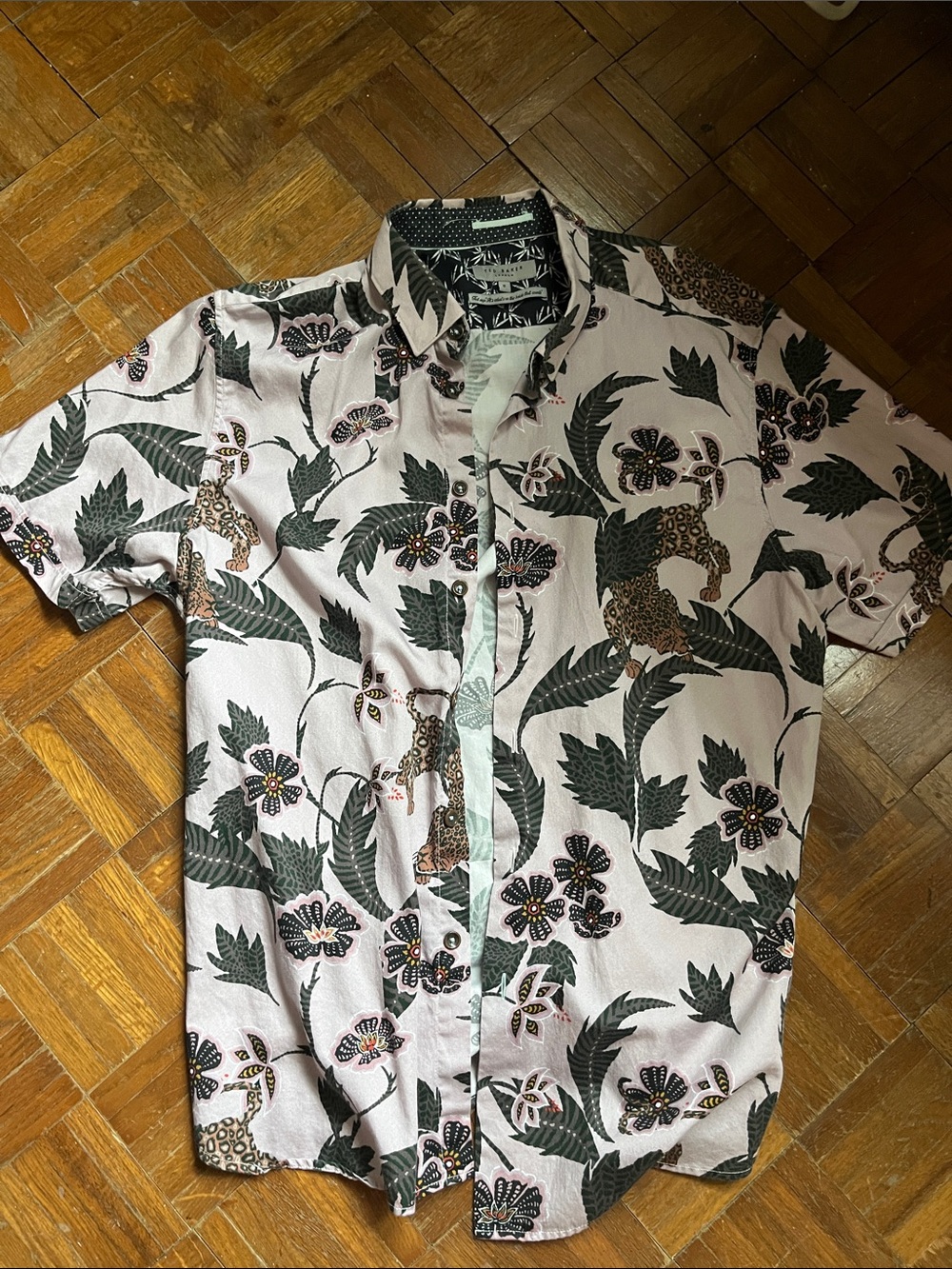 Men's Ted Baker Short-Sleeve Floral & Leopard Print Shirt - Light Pink